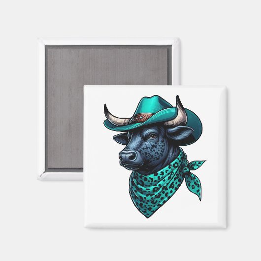 Cowboy Bull mit türkisfarbenem Hut und Gemustertem Magnet (Vorderseite/Rückseite)