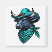 Cowboy Bull mit türkisfarbenem Hut und Gemustertem Magnet (Vorne)