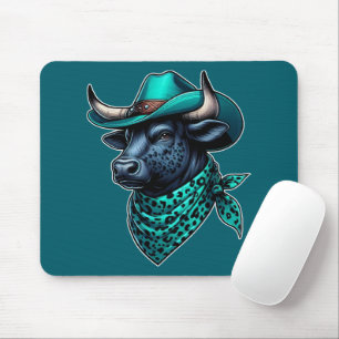 Cowboy Bull mit türkisfarbenem Hut und Gemustertem Mousepad