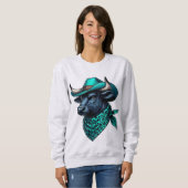 Cowboy Bull mit türkisfarbenem Hut und Gemustertem Sweatshirt (Vorne ganz)