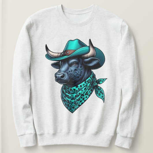 Cowboy Bull mit türkisfarbenem Hut und Gemustertem Sweatshirt (Design vorne)