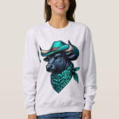 Cowboy Bull mit türkisfarbenem Hut und Gemustertem Sweatshirt (Vorderseite)