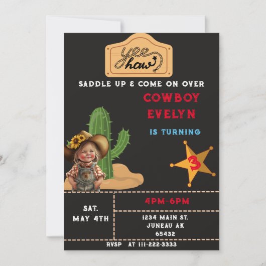 Cowboy Cactus Party Birthday Girl Einladung (Vorderseite)