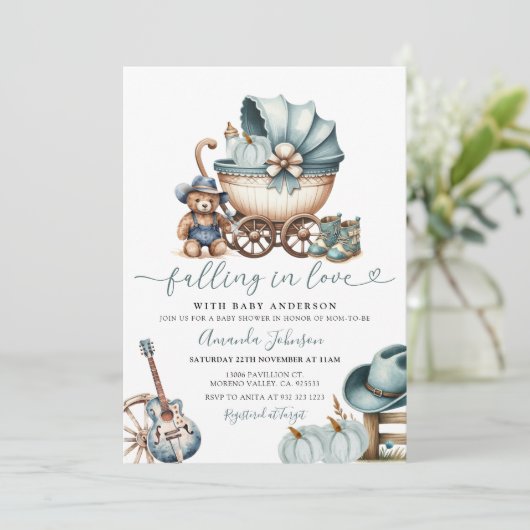 Cowboy Carriage Pumpkin Fall in Liebe Baby Dusche Einladung (Stehend Vorderseite)