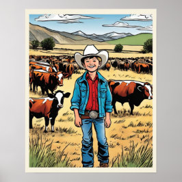 Cowboy Cattle Ranch Young Boy Graphic Art Poster