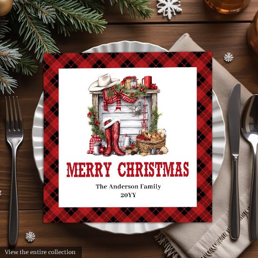 Cowboy Christmas napkins red black tartan design Serviette