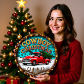 Cowboy Christmas Red Truck Große Wanduhr
