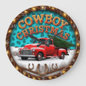 Cowboy Christmas Red Truck Große Wanduhr (Vorderseite)