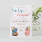 Cowboy/Cowgirl Bootie Gender Reveal Einladung (Stehend Vorderseite)