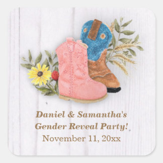Cowboy/Cowgirl Bootie White Wood Gender Reveal Quadratischer Aufkleber