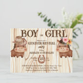 Cowboy Cowgirl Geschlecht enthüllt Party niedliche Einladung (Stehend Vorderseite)