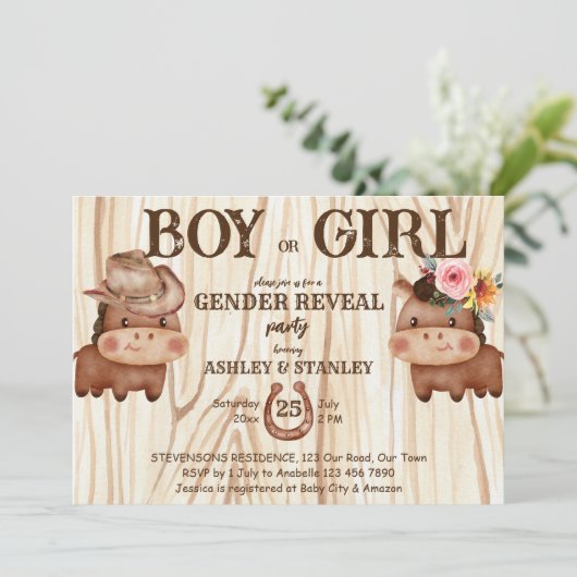 Cowboy Cowgirl Geschlecht enthüllt Party niedliche Einladung (Stehend Vorderseite)