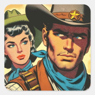 Cowboy/Cowgirl Retro-Comics Quadratischer Aufkleber
