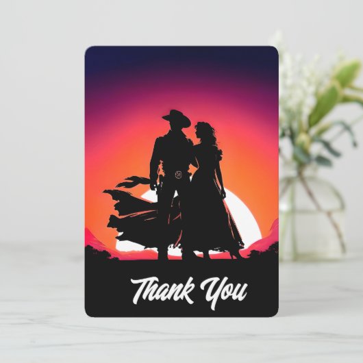 Cowboy & Cowgirl Sunset Dankeskarte (Stehend Vorderseite)
