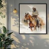 Cowboy, der auch ein braunes Pferd reitet, anpassb Poster