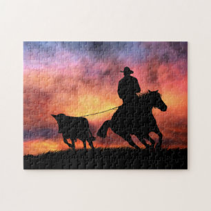 Cowboy, der auf dem Pferd eine Stimmung aufwirft Puzzle