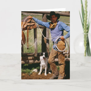 Cowboy, der mit Lasso und Schoßhund aufwirft Karte