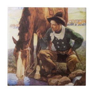 Cowboy, der sein Pferd tränkt von NC Wyeth, Vintag Fliese