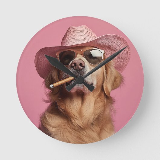 Cowboy Dog Wall Clock with Hat and Sunglasses - Hu Runde Wanduhr (Vorderseite)