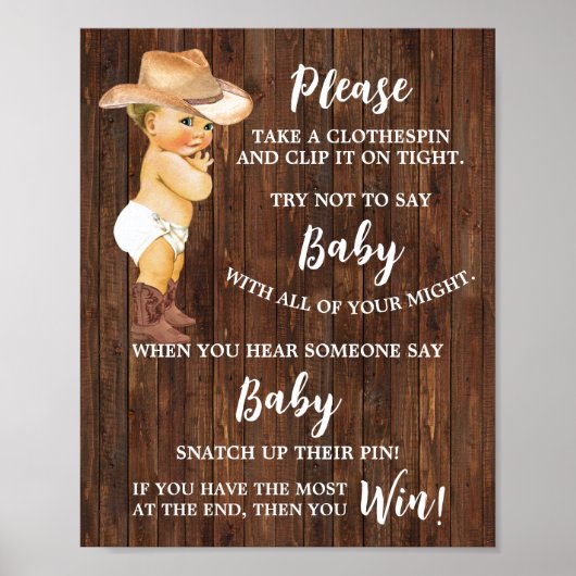 Cowboy Don't say Baby Clothespin Baby Shower Game Poster (Vorne)