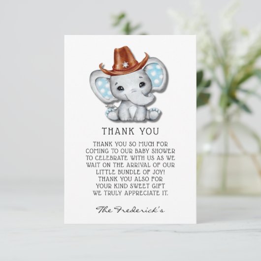 Cowboy Elephant Baby Dusche Danke Karten (Stehend Vorderseite)