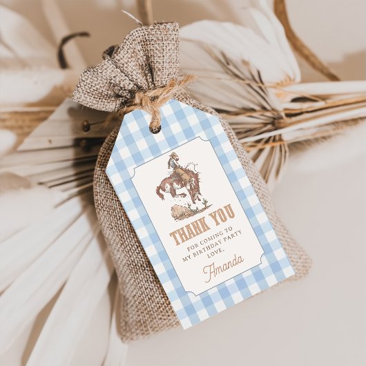Cowboy erste Rodeo Gingham Geburtstag Geschenkanhänger