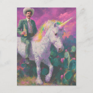 Cowboy fährt ein Einhorn im Lila Himmel der Wüste Postkarte