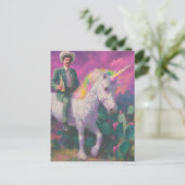 Cowboy fährt ein Einhorn im Lila Himmel der Wüste Postkarte (Stehend Vorderseite)