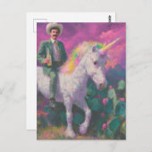 Cowboy fährt ein Einhorn im Lila Himmel der Wüste Postkarte (Vorne/Hinten)