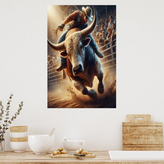 Cowboy fährt einen Bullen Poster (Küche)
