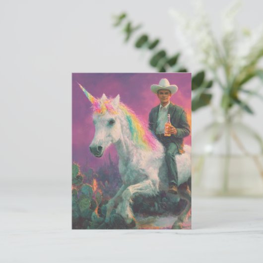 Cowboy fährt Einhorn in der Wüste Postkarte (Stehend Vorderseite)