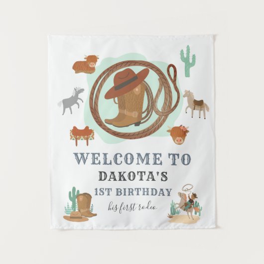Cowboy First Birthday Party Willkommen Wandteppich (Vorderseite)