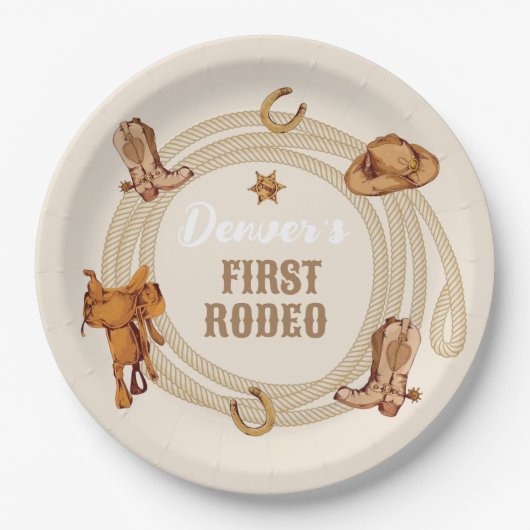 Cowboy First Rodeo Geburtstagsgeschlecht neutral Pappteller (Vorderseite)