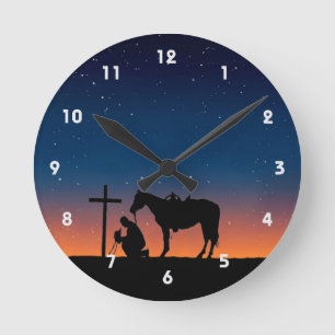Cowboy Gebet Silhouette Wall Clock Runde Wanduhr