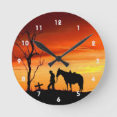 Cowboy Gebet Silhouette Wall Clock Runde Wanduhr (Vorderseite)