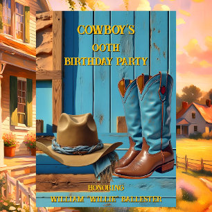 Cowboy-Geburtstagsfeier Scheune Stiefel Hut blau b Einladung