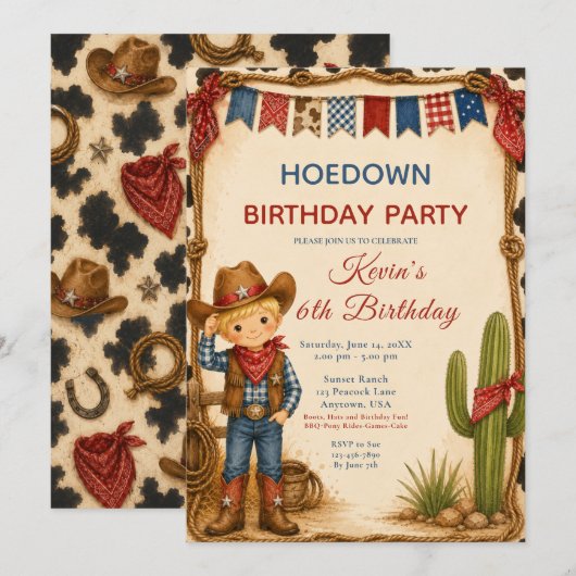 Cowboy-Geburtstagsparty mit Hoedown Einladung (Vorne/Hinten)