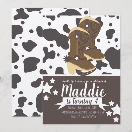 Cowboy Girl Birthday Cow Print Einladung (Vorne/Hinten)