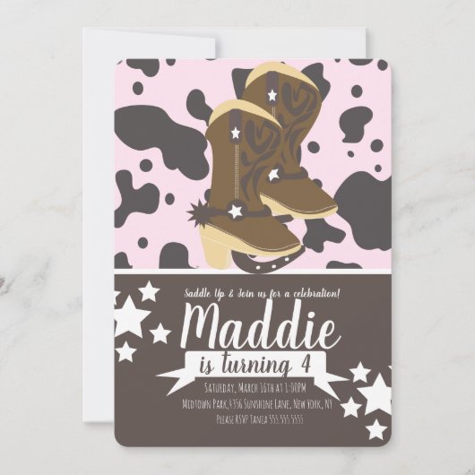 Cowboy Girl Birthday Cow Print Party | Rosa Einladung (Vorderseite)
