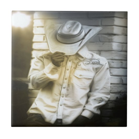 Cowboy hält seinen Hut Fliese (Vorderseite)