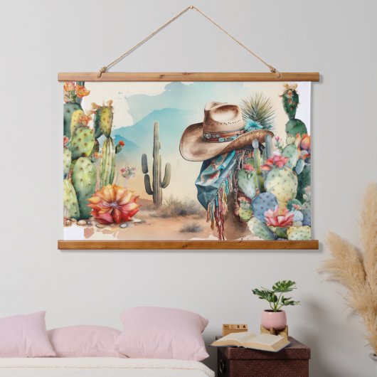Cowboy hat Aquarellkaktus Western-Landschaft Wandteppich Mit Holzrahmen (Schlafzimmer)