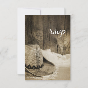 Cowboy Hat Barn Wood Country Wedding UAWG Sepia RSVP Karte