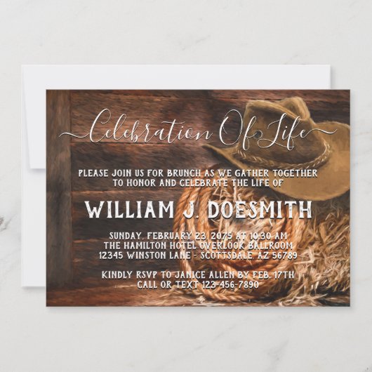 Cowboy-Hat-Memorial-Service-Ankündigung Einladung (Vorderseite)