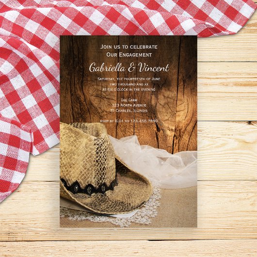 Cowboy Hat und Barn Wood Western Engagement Party Einladung