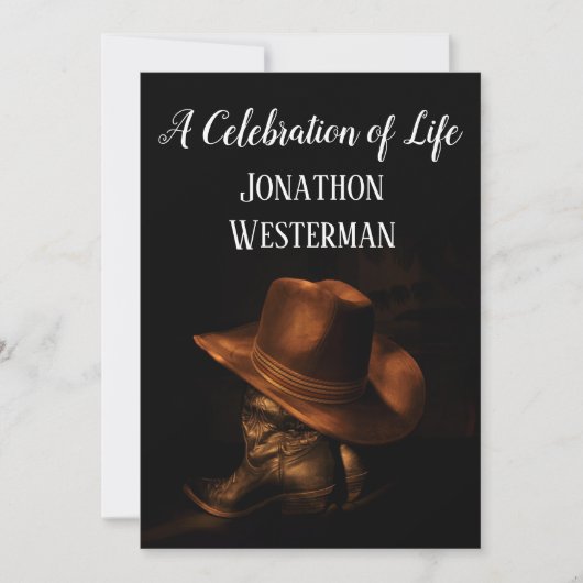 Cowboy Hat und Boots Celebration of Life Einladung (Vorderseite)
