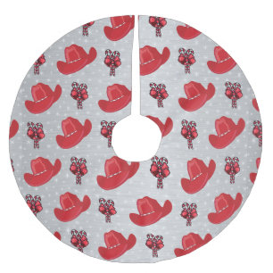 Cowboy Hats und Candy Canes auf SilverChristmas Polyester Weihnachtsbaumdecke