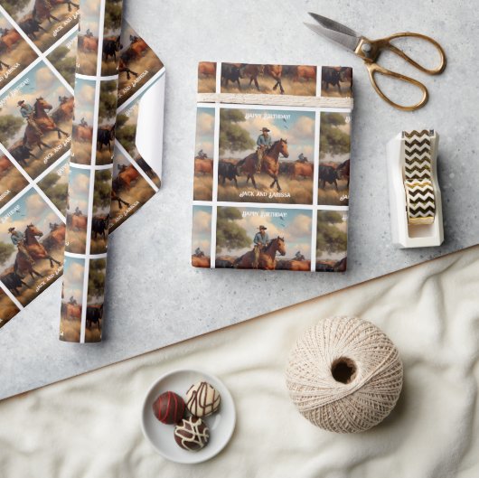 Cowboy Herding Cattle on Horseback Geschenkpapier (Kunsthandwerk)
