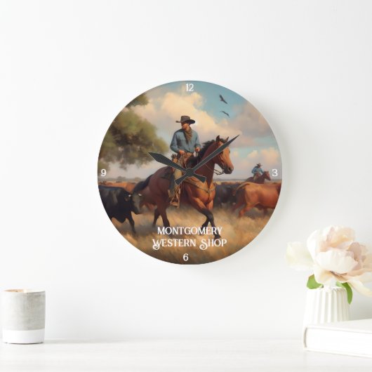 Cowboy Herding Cattle on Horseback Große Wanduhr (Zuhause)