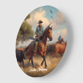 Cowboy Herding Cattle on Horseback Große Wanduhr (Winkel)