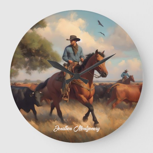 Cowboy Herding Cattle on Horseback Große Wanduhr (Vorderseite)